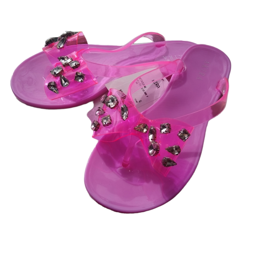New! Pink Jelly Rhinestone Gem Crystal Bow Bling Flip-flops Flat Sandal - Picture 7 of 12